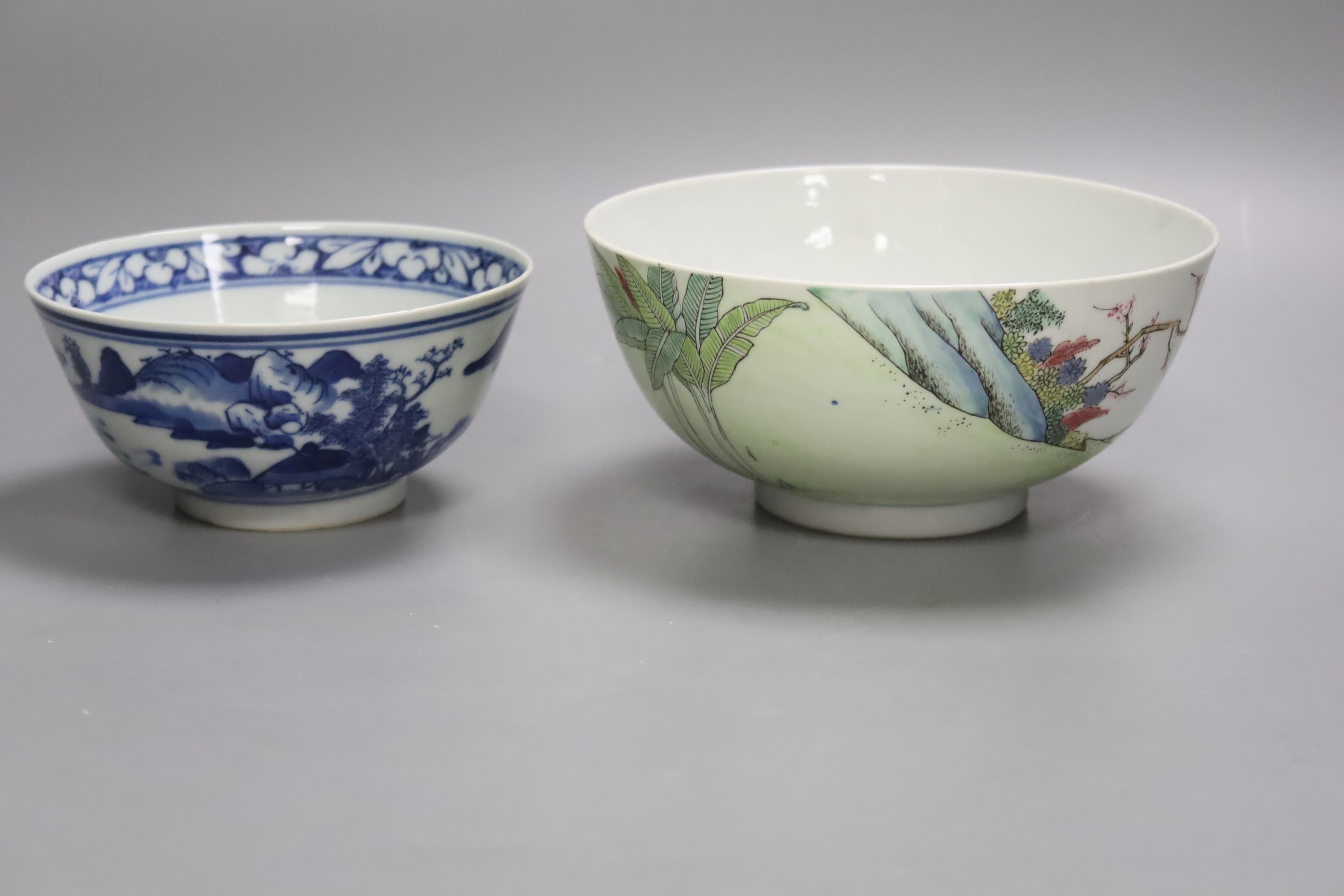 A Chinese blue and white footed porcelain bowl, Kangxi mark to underside, c1900, 12cm diameter 6cm high, together with a further hand painted famille rose, 15cm diameter, 7cm high